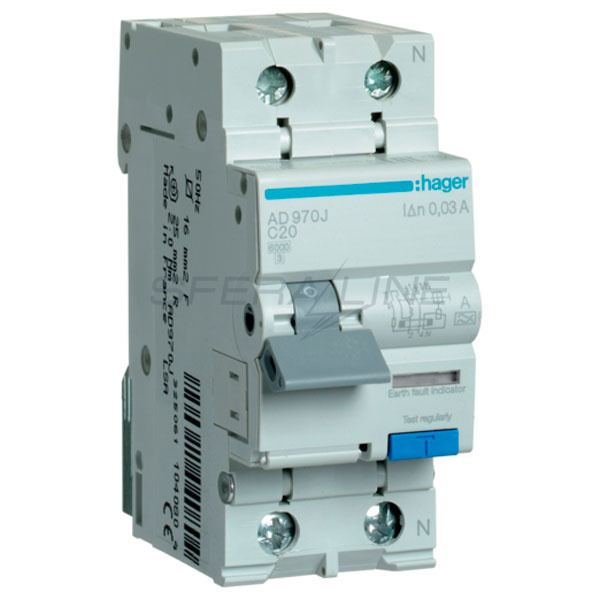 Диференційний автоматичний вимикач 1P+N 6kA C-20A 30mA тип A, Hager