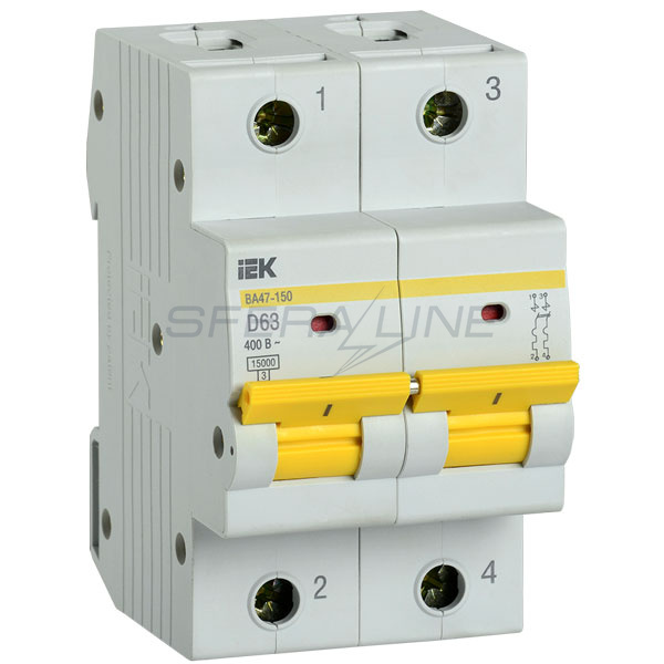 Автоматичний вимикач ВА47-150, 2 полюси, 63А, 15кА, х-ка D, IEK