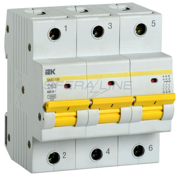 Автоматический выключатель ВА47-150, 3 полюса, 63А, 15кА, х-ка D, IEK