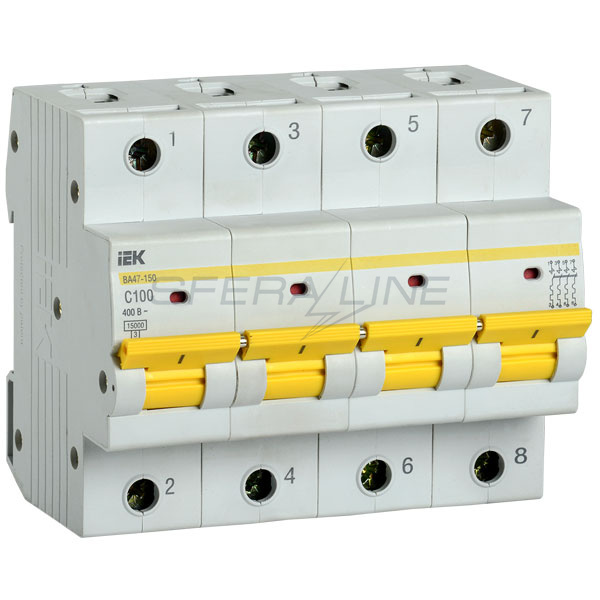 Автоматичний вимикач ВА47-150, 4 полюса, 100А, 15кА, х-ка C, IEK
