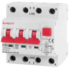 Дифавтомат 3P+N 32А C 30мА тип A E.NEXT e.rcbo.pro