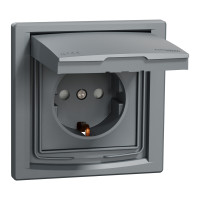 Розетка 1-местная с заземлением со шторками с крышкой IP44 сталь Schneider Electric Asfora