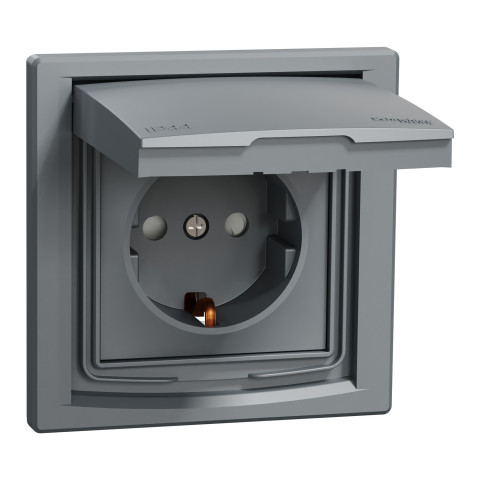 Розетка 1-місна з заземленням зі шторками з кришкою IP44 сталь Schneider Electric Asfora