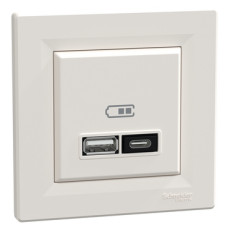 Розетка 2-местная с USB Type-A + Type-C 21 Вт слоновая кость Schneider Electric Asfora