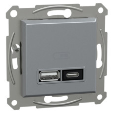 Розетка 2-местная с USB Type-A + Type-C 21 Вт скрытая сталь Schneider Electric Asfora