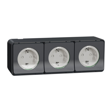 Розетка 3-местная с заземлением со шторками IP55 чёрная Schneider Electric Mureva S