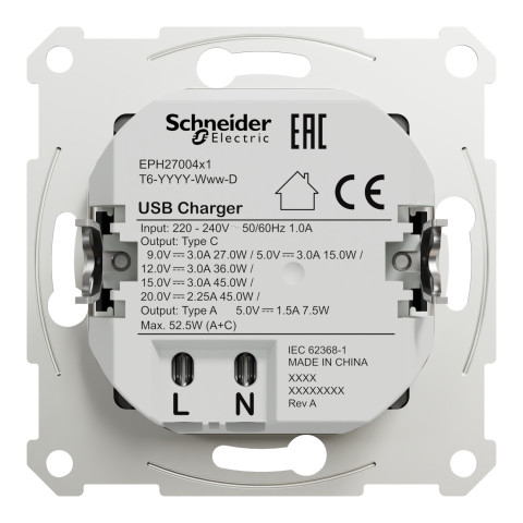 Розетка 2-местная с USB Type-A + Type-C 45 Вт 3А антрацит Schneider Electric Asfora