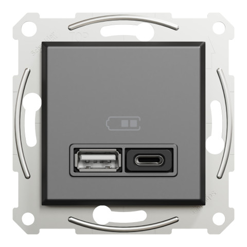Розетка 2-местная с USB Type-A + Type-C 45 Вт 3А антрацит Schneider Electric Asfora