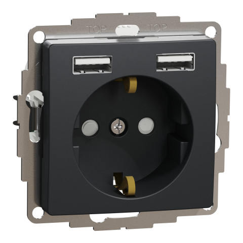 Розетка 1-местная с заземлением со шторками с USB чёрная Schneider Electric Sedna Design