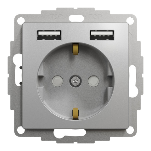 Розетка 1-местная с заземлением со шторками с USB алюминий Schneider Electric Sedna Design