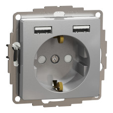 Розетка 1-местная с заземлением со шторками с USB алюминий Schneider Electric Sedna Design