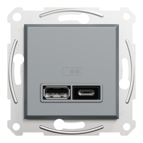 Розетка 2-местная с USB Type-A + Type-C 4А скрытая сталь Schneider Electric Asfora