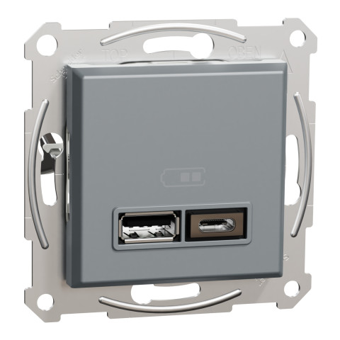 Розетка 2-местная с USB Type-A + Type-C 4А скрытая сталь Schneider Electric Asfora