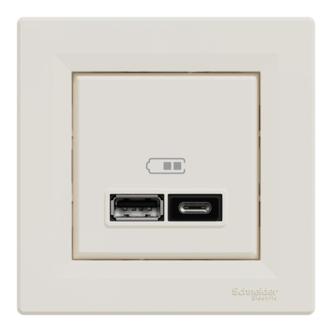 Розетка 2-местная с USB Type-A + Type-C 4А слоновая кость Schneider Electric Asfora