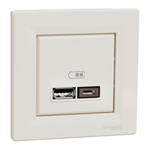 Розетка 2-местная с USB Type-A + Type-C 4А слоновая кость Schneider Electric Asfora