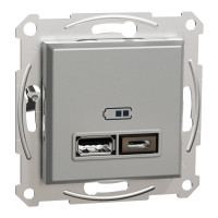 Розетка 2-местная с USB Type-A + Type-C 4А скрытая алюминий Schneider Electric Asfora