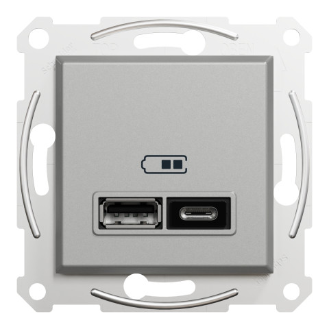 Розетка 2-местная с USB Type-A + Type-C 4А скрытая алюминий Schneider Electric Asfora