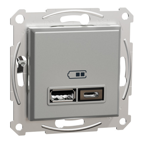 Розетка 2-местная с USB Type-A + Type-C 4А скрытая алюминий Schneider Electric Asfora