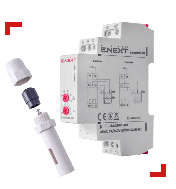 РЕЛЕ КОНТРОЛЮ РІВНЯ РІДИНИ e.control.l01 ТА ДАТЧИК e.control.l02
