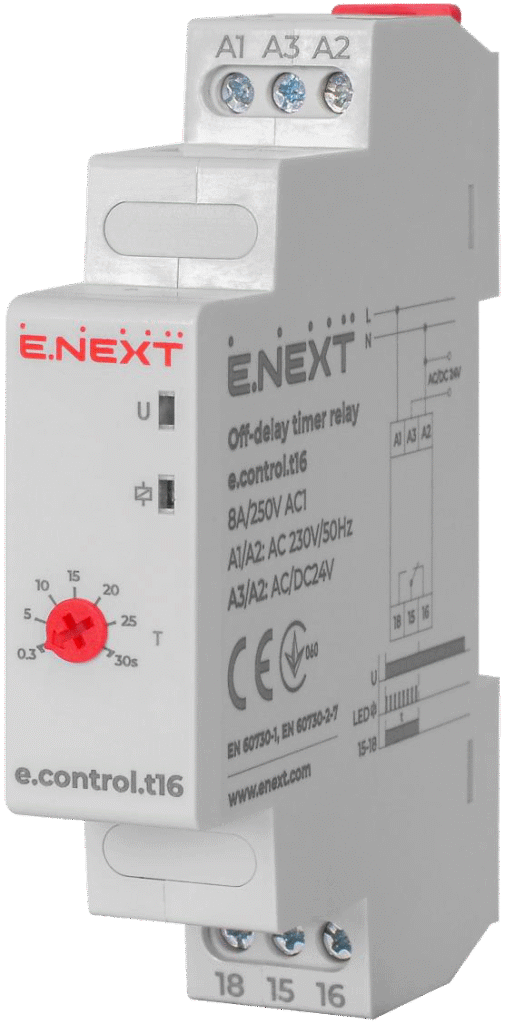 РЕЛЕ ЗАТРИМКИ ЧАСУ НА ВМИКАННЯ e.control.t15 ТА ВИМКНЕННЯ e.control.t16