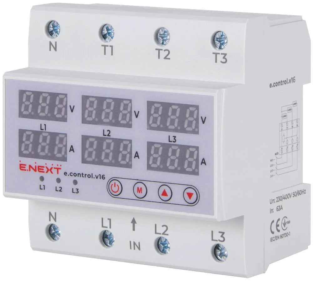 РЕЛЕ КОНТРОЛЮ НАПРУГИ ТА СТРУМУ ТРИФАЗНЕ 63 А З ІНДИКАЦІЄЮ e.control.v16