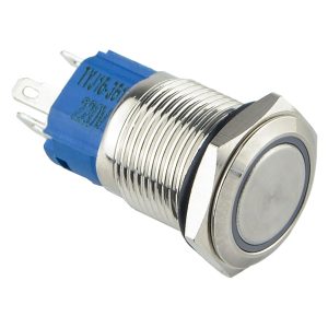 Кнопка металлическая плоская с фиксацией 1НО+1НЗ, с подсветкой, красная 220V. TYJ 16-361