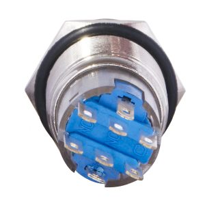 Плоская металлическая кнопка с подсветкой, 2НО+2НЗ, желтая 220V. TYJ 19-272