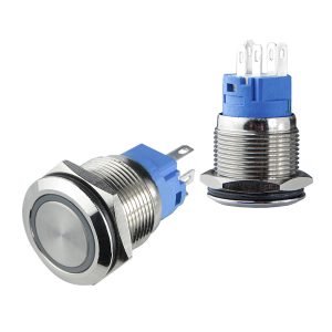 Кнопка металлическая плоская с фиксацией 1НО+1НЗ, с подсветкой, зеленая 220V. TYJ 19-371