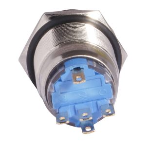 Кнопка металлическая плоская с фиксацией 1НО+1НЗ, с подсветкой, красная 220V. TYJ 19-371