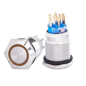 Кнопка металлическая плоская с фиксацией 2НО+2НЗ, с подсветкой, желтая 220V. TYJ 19-372