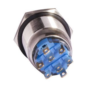 Кнопка металлическая плоская с фиксацией 2НО+2НЗ, с подсветкой, красная 220V. TYJ 19-372