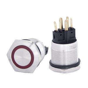 Металлическая плоская кнопка с подсветкой, 1НО+1НЗ, красная 220V. TYJ 22-271