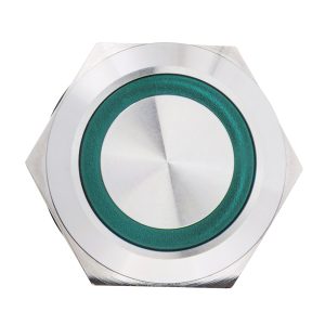 Кнопка металлическая плоская с фиксацией 1НО+1НЗ, с подсветкой, зеленая 220V. TYJ 22-371