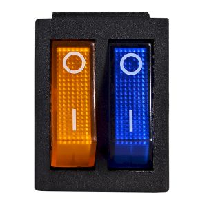 KCD2-2101N BL+YL/B 220V Переключатель 2-клавишный желтый+синий с подсветкой