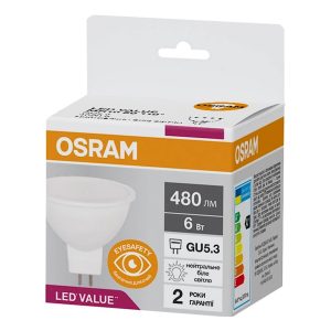 Лампа ЛЕД точкова  6W 4000K 480lm GU5.3 LED MR16 50 840 230V 10X1 UA (2 роки) OSRAM