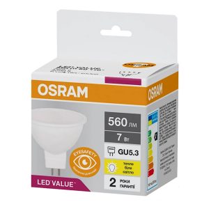 Лампа ЛЕД точкова  7W 3000K 560lm GU5.3 LED MR16 60 830 230V 10X1 UA (2 роки) OSRAM