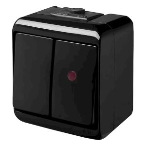 Выключатель 2-клавишный наружный с подсветкой IP54 VHE-2L-BL черный