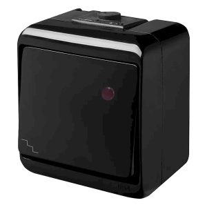 Выключатель 1-клавишный наружный проходной IP54 с подсветкой VHE-3L-BL черный