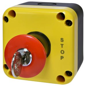 Кнопочний пост 1-модул. ESB1Y-V9 (Standart, "STOP" гриб.типу, з ключем, червон., корп. жовто-чорн.)