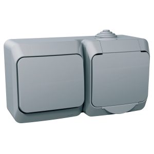 Розетка 1-а з заземлювальним контактом, захищена, зовнішня+Вимикач 1-кл. зовнішня. IP44 "Cedar Plus" сіра (16А) (С1)