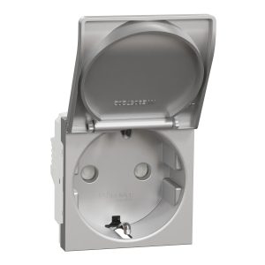 Розетка 1-а заземлювальним контактом, внутрішня з кришкою та шторками "UNICA NEW" алюміній (C1)